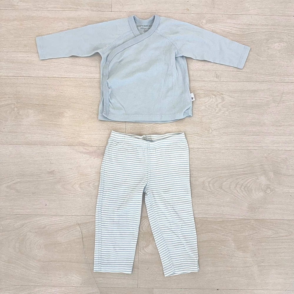 Burt's Bees Baby 2pc Set 6-9M Blue Organic Cotton Kimono Wrap Top Striped Pants